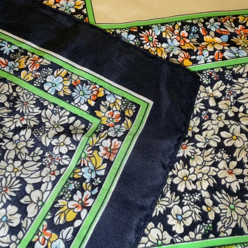 Golden Camel Vintage 100% Silk Scarf Floral Border Hand Rolled Navy Cream 30x30